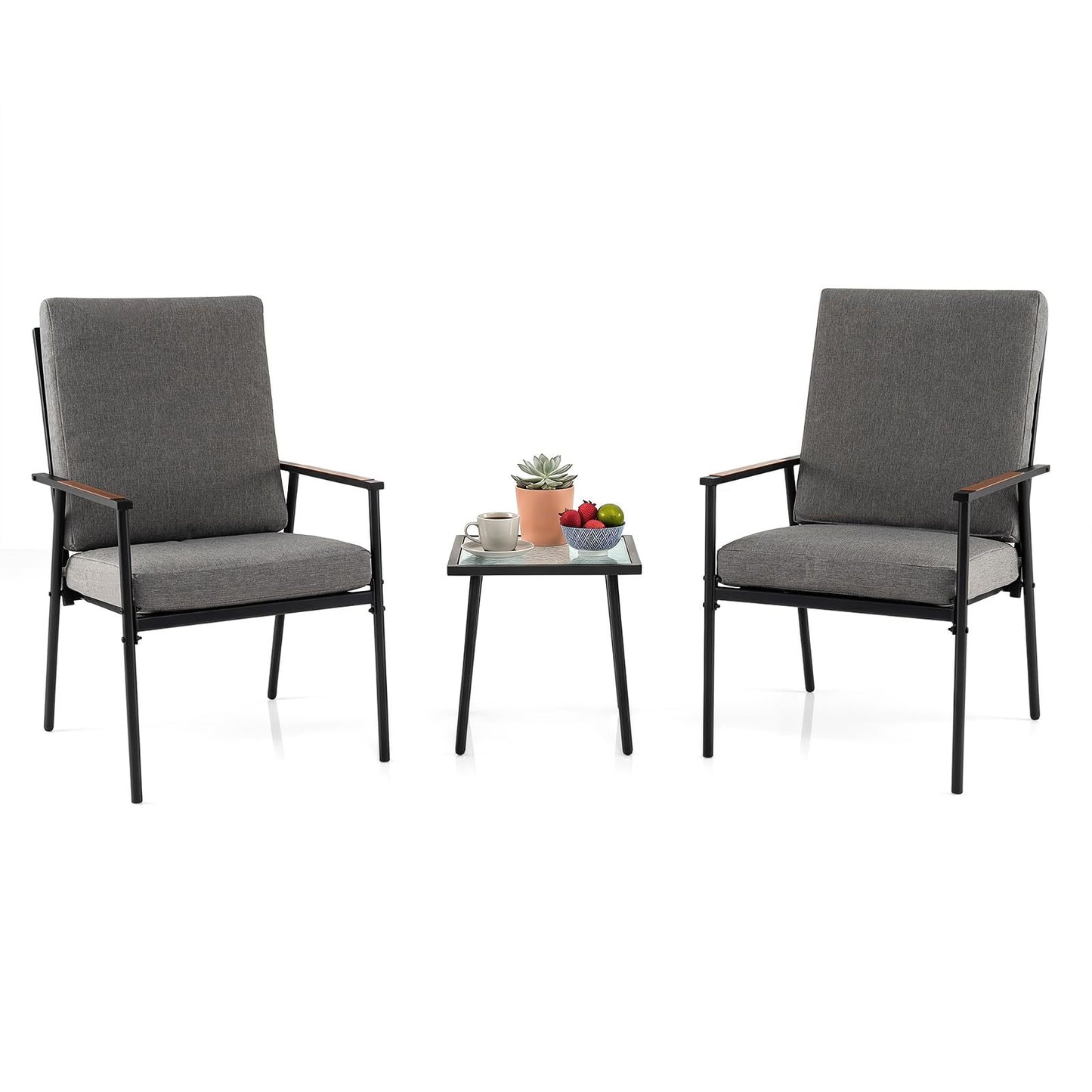 Costway 3-Delige Tuinmeubelset Balkonmeubels met 2 Stoelen met Metalen Frame en een Tafel met Glazen Blad Bistroset Inclusief Kussens Grijs