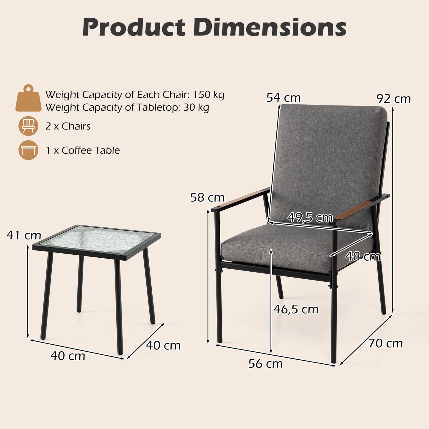 Costway 3-Delige Tuinmeubelset Balkonmeubels met 2 Stoelen met Metalen Frame en een Tafel met Glazen Blad Bistroset Inclusief Kussens Grijs