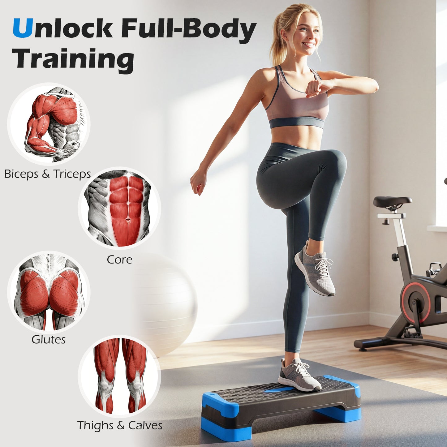 Costway 3 in 1 Blauw Aerobic Stepper hoogte verstelbaar Fitness Stepper met 2 Stapelbare Verhogingen Balanstrainers Weerstandsband Antislip Oppervlak Stepboard