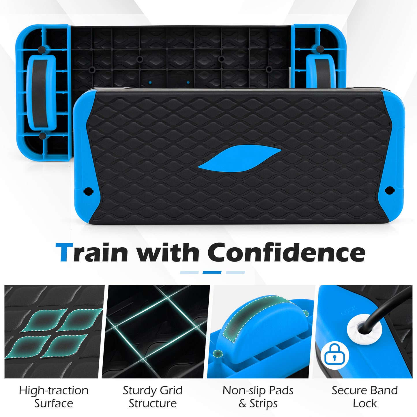Costway 3 in 1 Blauw Aerobic Stepper hoogte verstelbaar Fitness Stepper met 2 Stapelbare Verhogingen Balanstrainers Weerstandsband Antislip Oppervlak Stepboard