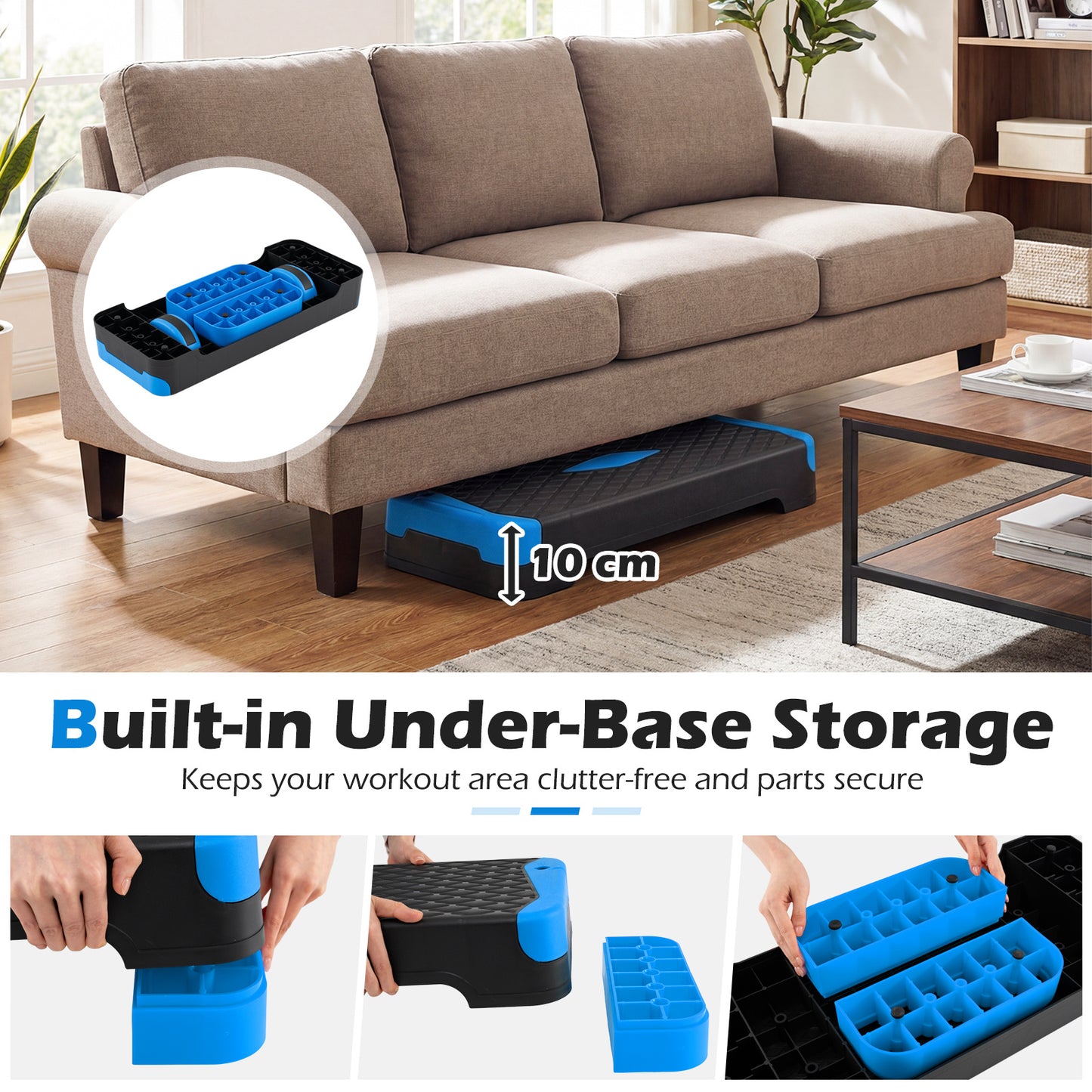 Costway 3 in 1 Blauw Aerobic Stepper hoogte verstelbaar Fitness Stepper met 2 Stapelbare Verhogingen Balanstrainers Weerstandsband Antislip Oppervlak Stepboard