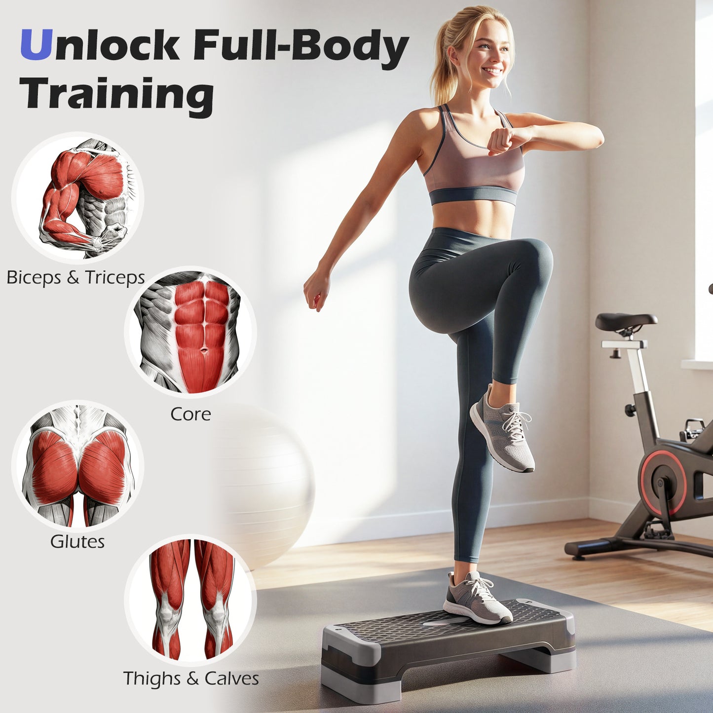 Costway 3 in 1 Grijs Aerobic Stepper Hoogte Verstelbaar Fitness Stepper met 2 Stapelbare Verhogingen Balanstrainers Weerstandsband Antislip Oppervlak Stepboard