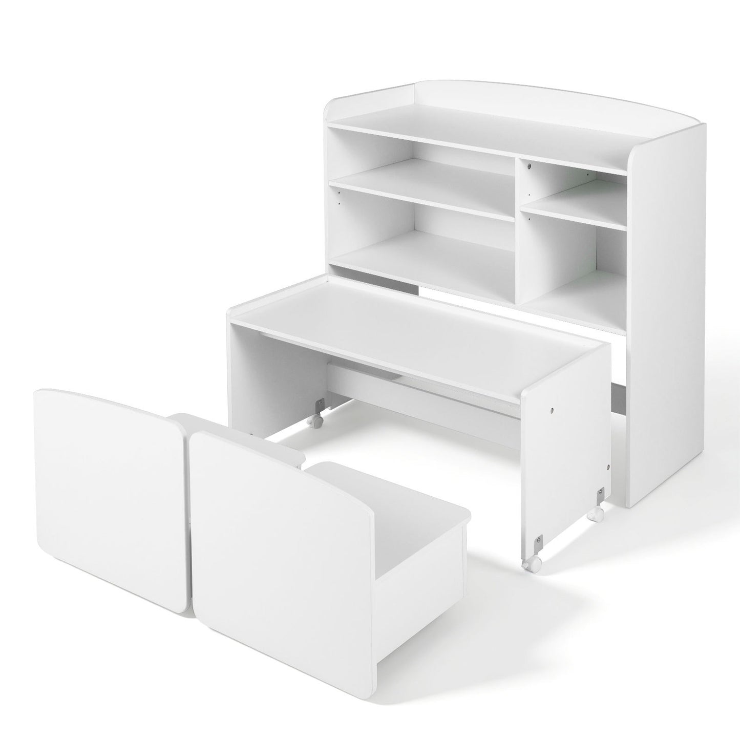 Costway 3 in 1 Kinderrekje Speelgoedrek met Bureau op Wielen & Kinderstoel met Rugleuning Kindertafel met 2 Stoelen