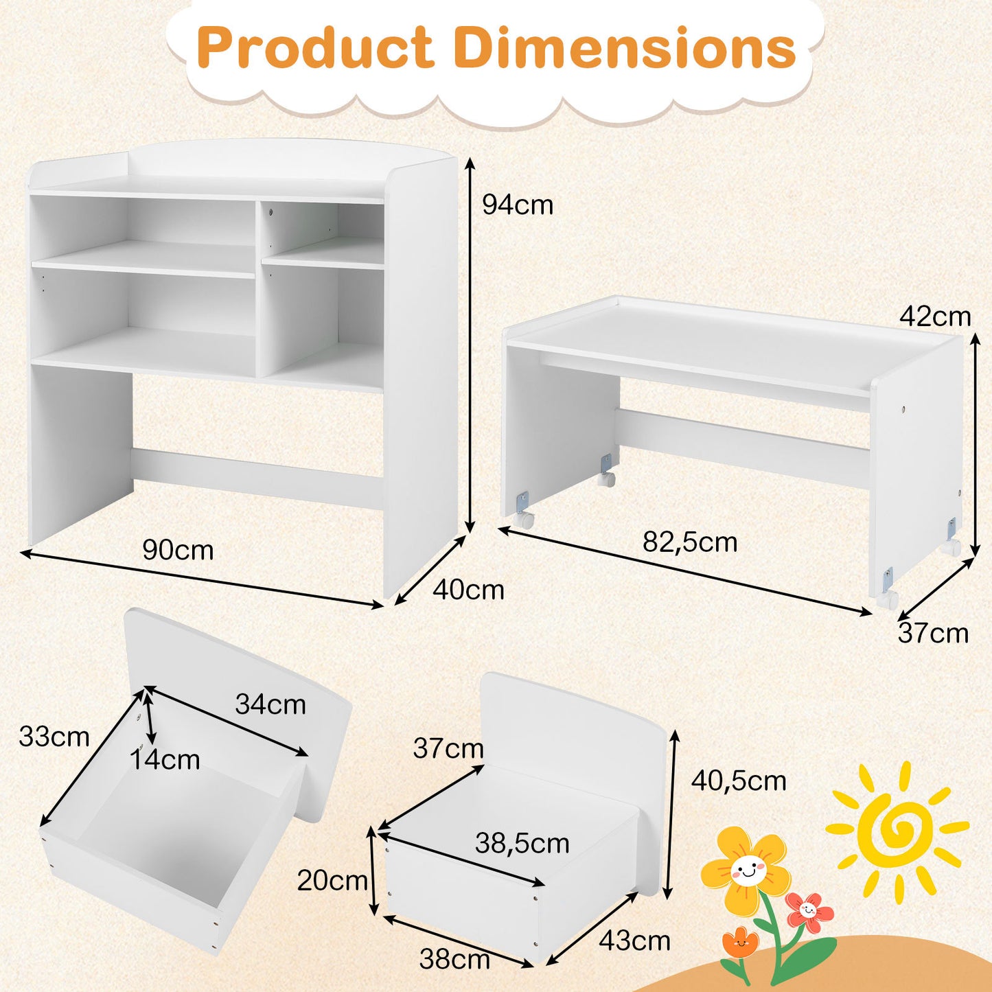 Costway 3 in 1 Kinderrekje Speelgoedrek met Bureau op Wielen & Kinderstoel met Rugleuning Kindertafel met 2 Stoelen
