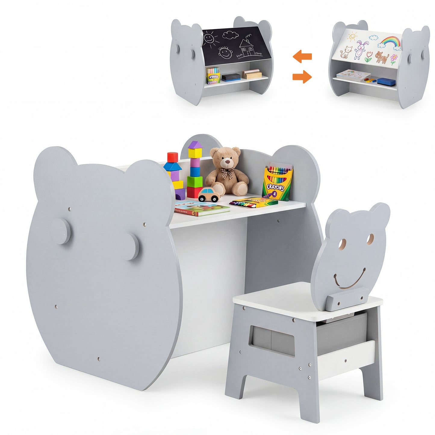 Costway 3 in 1 Kindertafel met Stoel Activiteiten Set met Omkeerbaar Schoolbord en Whiteboard Brede Grijs