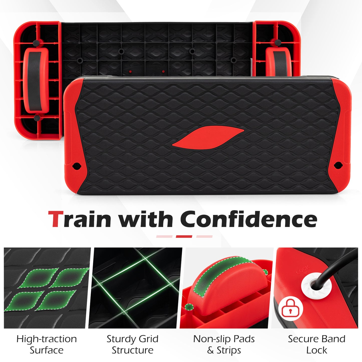 Costway 3 in 1 Rood Aerobic Stepper Hoogteverstelbaar Fitness Stepper met 2 Stapelbare Verhogingen Balanstrainers Weerstandsband Antislip Oppervlak Stepboard