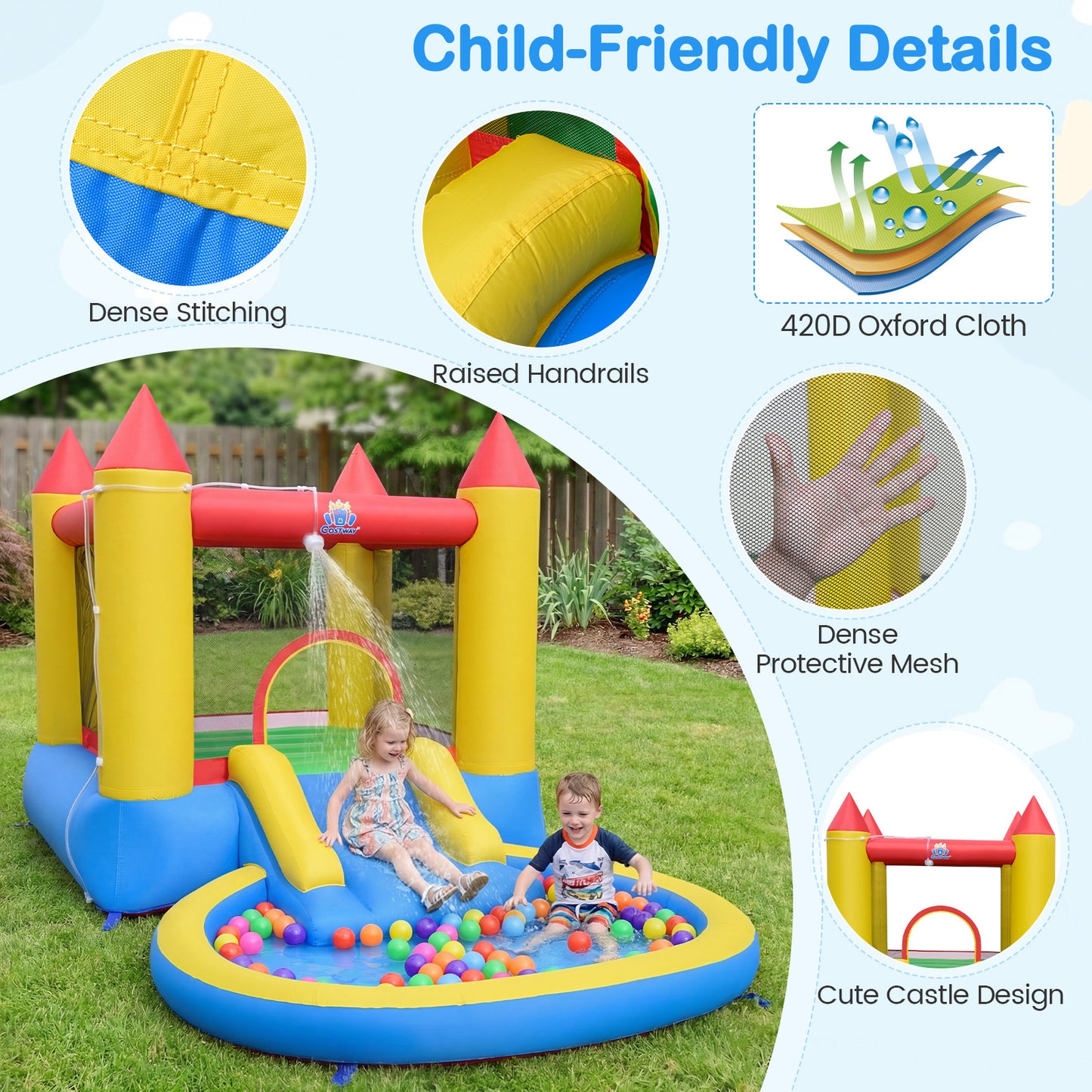 Costway 3-in-1 Springkasteel met Glijbaan en Springhuis Opblaasbare Speeltuin met Ballenbad en 50 Oceaanballen met een Blazer van 450 W