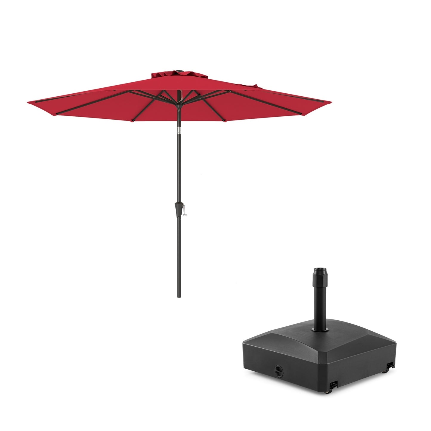 Costway 303 cm Terrasparasol Kantelbare Parasol Dubbelgelaagde Tafelparasol Wijnrood +Parasolvoet met Wieltjes Vulbare Parasolvoet