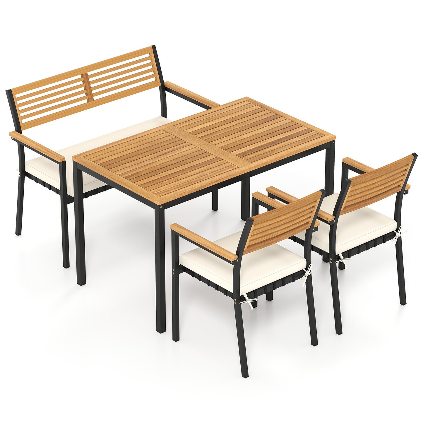 Costway 4-delige Tuinmeubelset Eetgroep van Acaciahout met Metalen Frame Balkonmeubels met Tafel 2 Stoelen en Bank