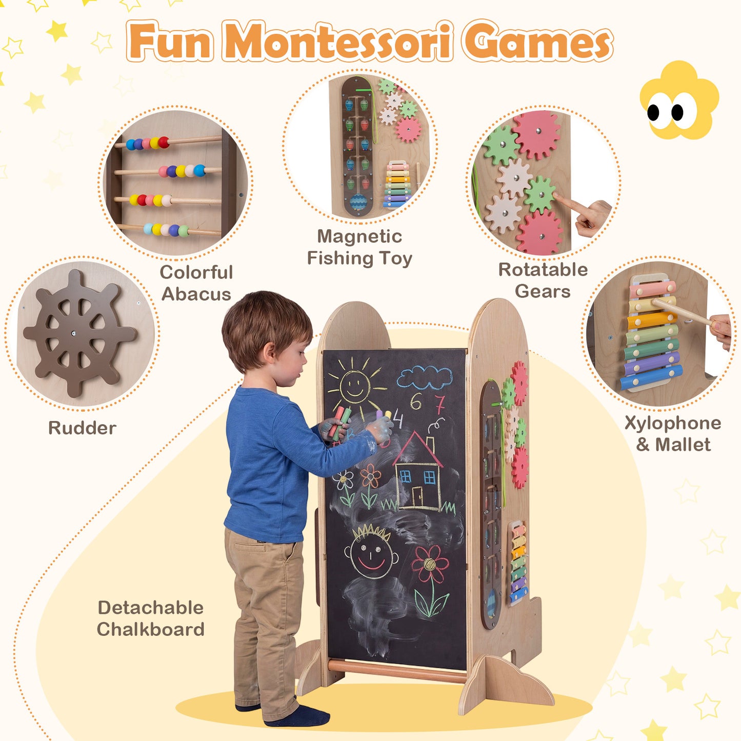 Costway 4-in-1 Leertoren voor Kinderen met Glijbaan Montessori-Trapje met Krijtbord en Speelbord in Hoogte Verstelbare Houten Keukenhulp