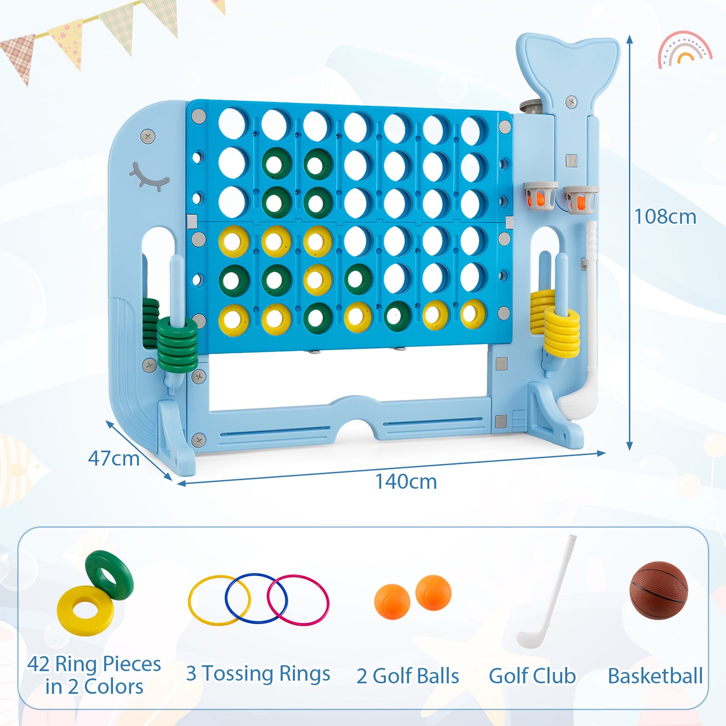 Costway 4-in-1-spel Vier op een rij met Basketbalring Ringwerpen en Minigolf Bordspel met 2 Bekerhouders Blauw