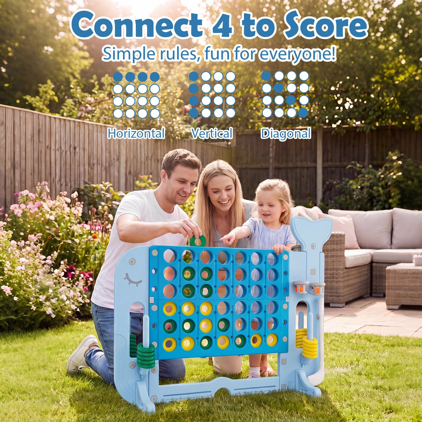 Costway 4-in-1-spel Vier op een rij met Basketbalring Ringwerpen en Minigolf Bordspel met 2 Bekerhouders Blauw