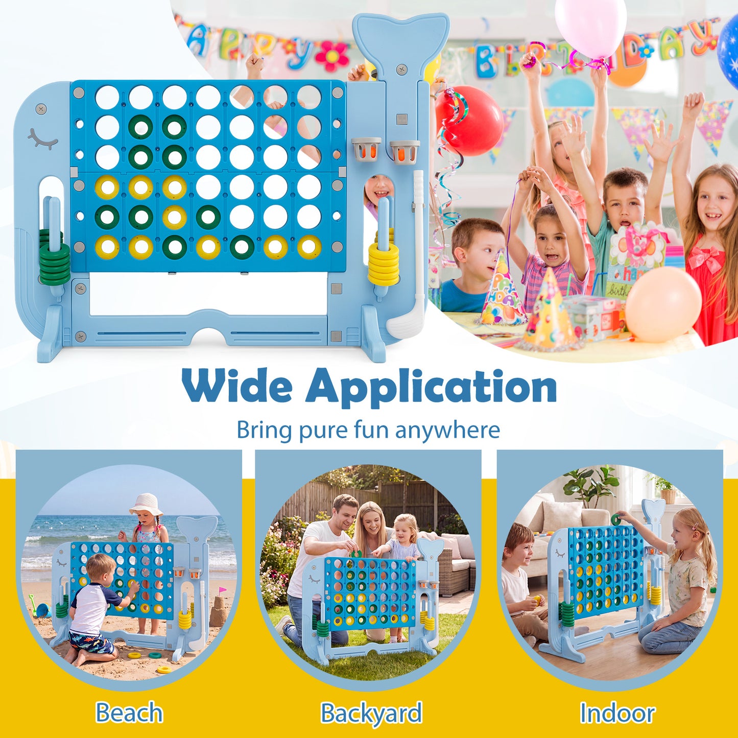 Costway 4-in-1-spel Vier op een rij met Basketbalring Ringwerpen en Minigolf Bordspel met 2 Bekerhouders Blauw