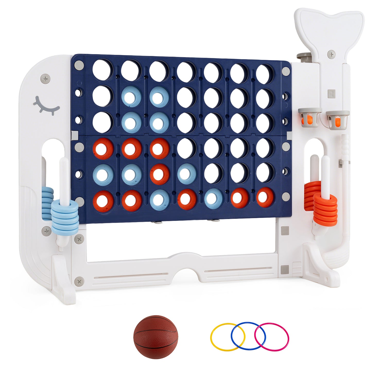 Costway 4-in-1-spel Vier op een rij met Basketbalring Ringwerpen en Minigolf Bordspel met 2 Bekerhouders Marineblauw