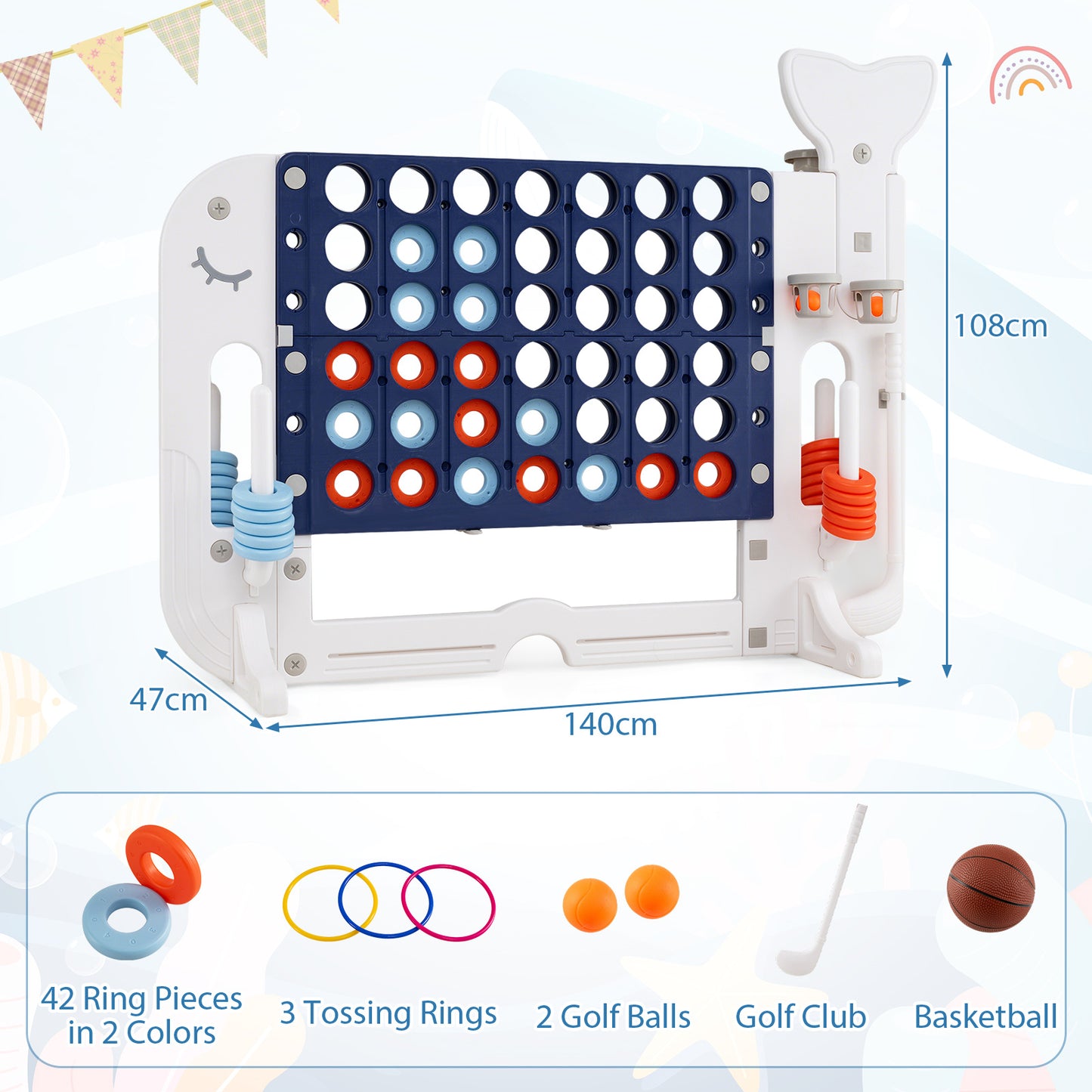 Costway 4-in-1-spel Vier op een rij met Basketbalring Ringwerpen en Minigolf Bordspel met 2 Bekerhouders Marineblauw
