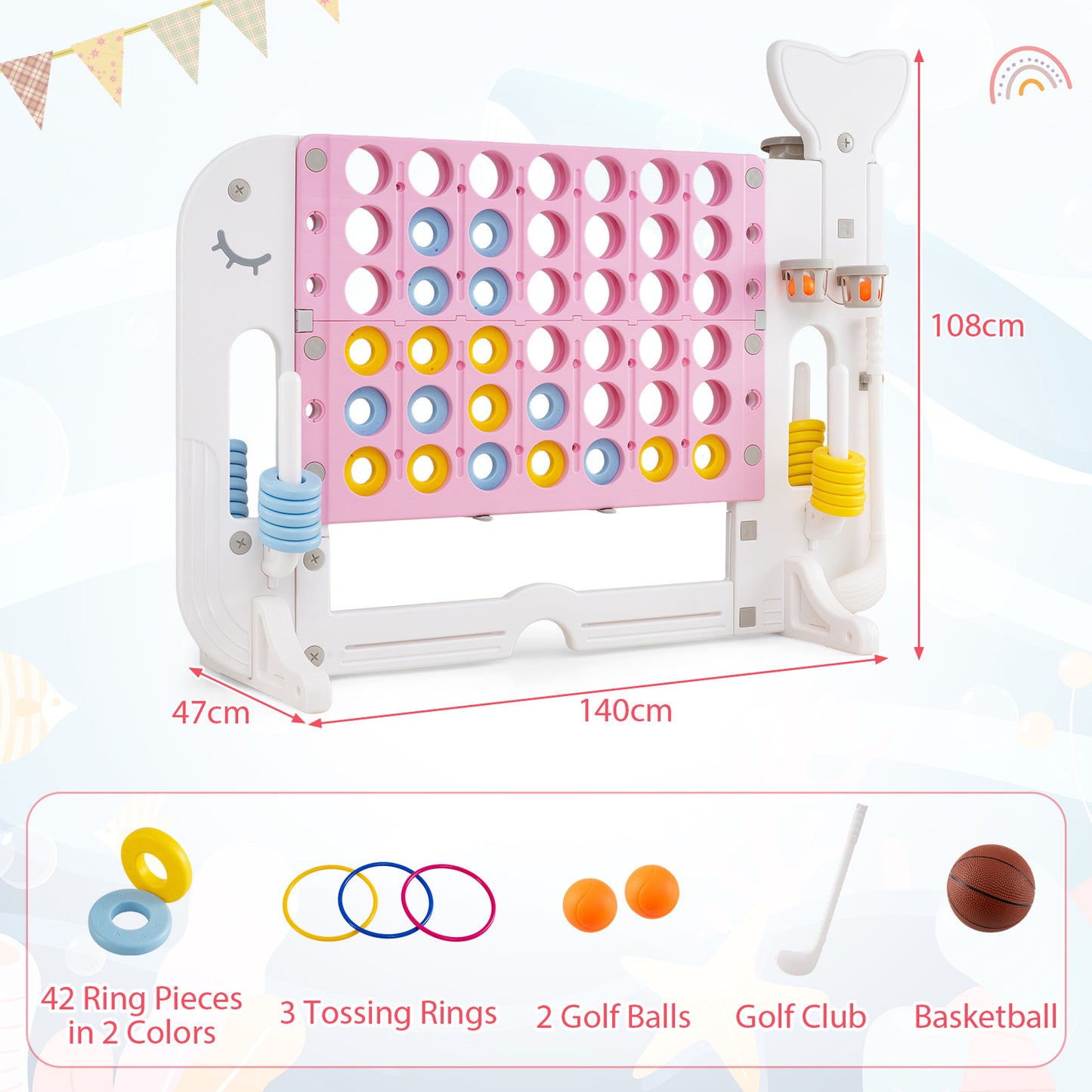 Costway 4-in-1-spel Vier op een rij met Basketbalring Ringwerpen en Minigolf Bordspel met 2 Bekerhouders Roze
