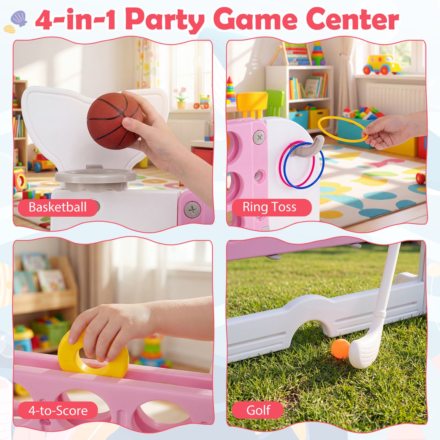 Costway 4-in-1-spel Vier op een rij met Basketbalring Ringwerpen en Minigolf Bordspel met 2 Bekerhouders Roze