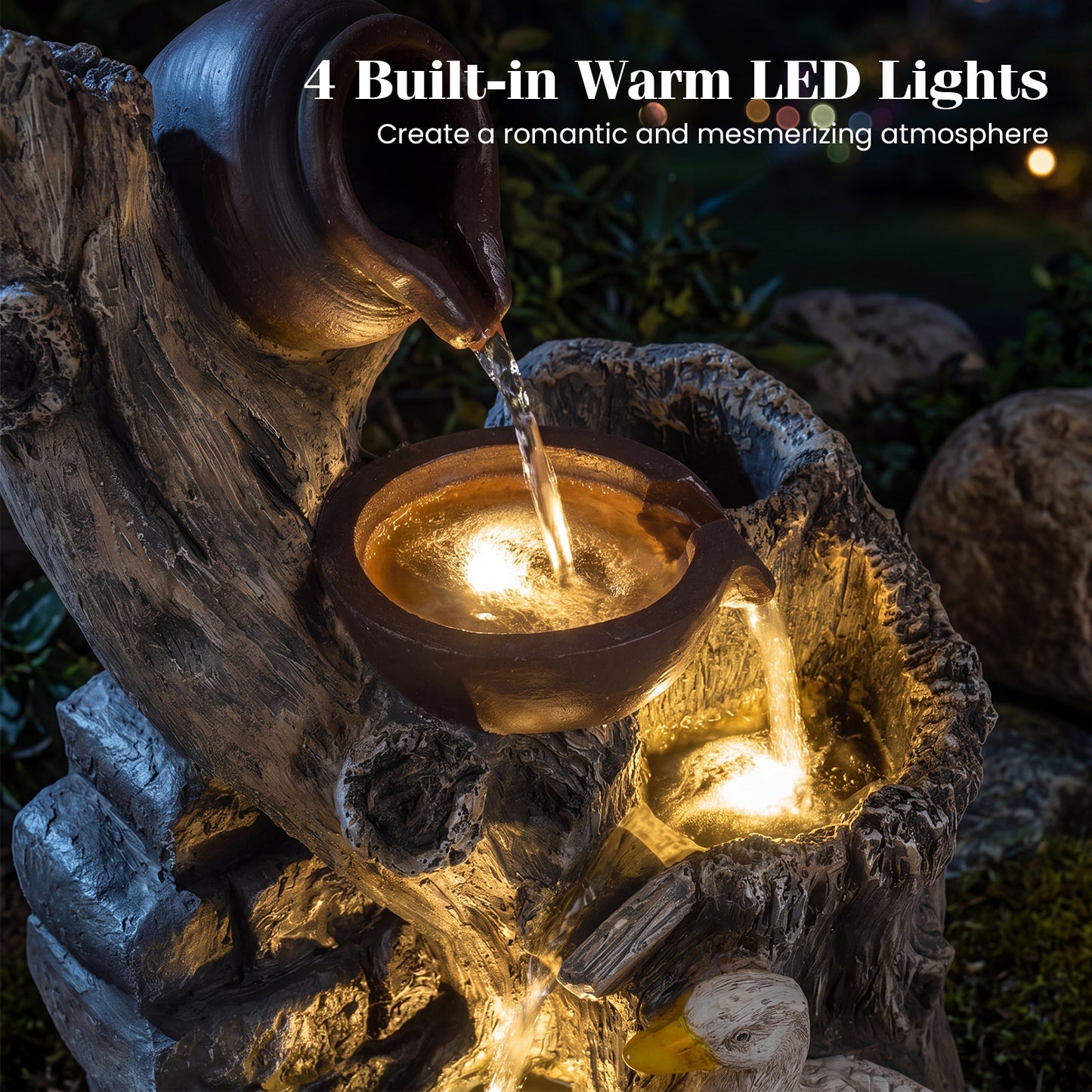 Costway 4-traps Tuinfontein met LED-verlichting Decoratieve Sierfontein met Eendenmotief Waterval van Kunsthars & Glasvezel
