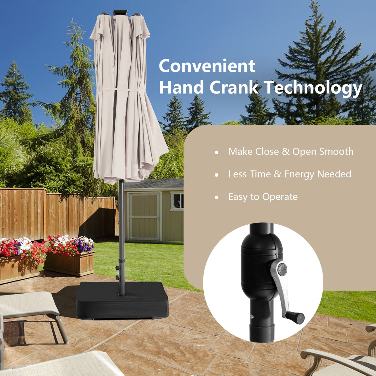 Costway 470 x 280 cm Dubbele Tuinparasol met 48 LED's op Zonne-Energie Extra Grote Parasol Dubbele Parasol met Zelfopladend Zonnepaneel Beige
