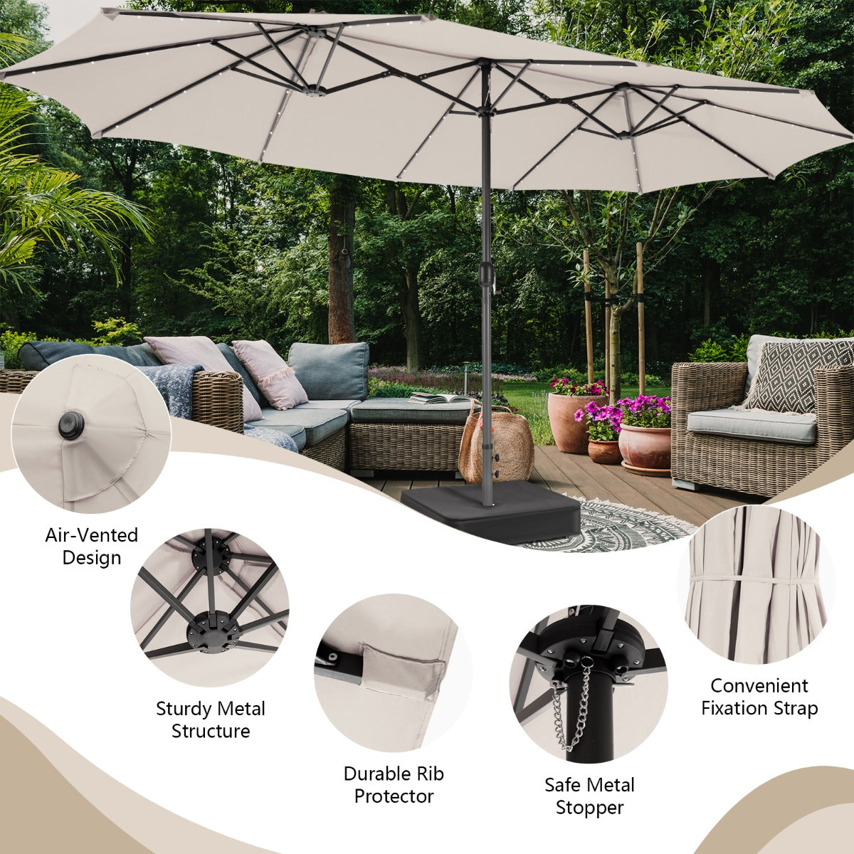 Costway 470 x 280 cm Dubbele Tuinparasol met 48 LED's op Zonne-Energie Extra Grote Parasol Dubbele Parasol met Zelfopladend Zonnepaneel Beige