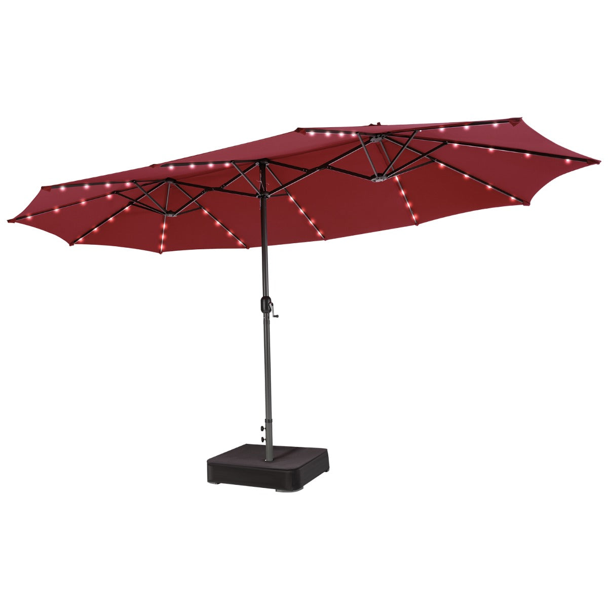Costway 470 x 280 cm Dubbele Tuinparasol met 48 LED's op Zonne-Energie Extra Grote Parasol Dubbele Parasol met Zelfopladend Zonnepaneel Bordeaux