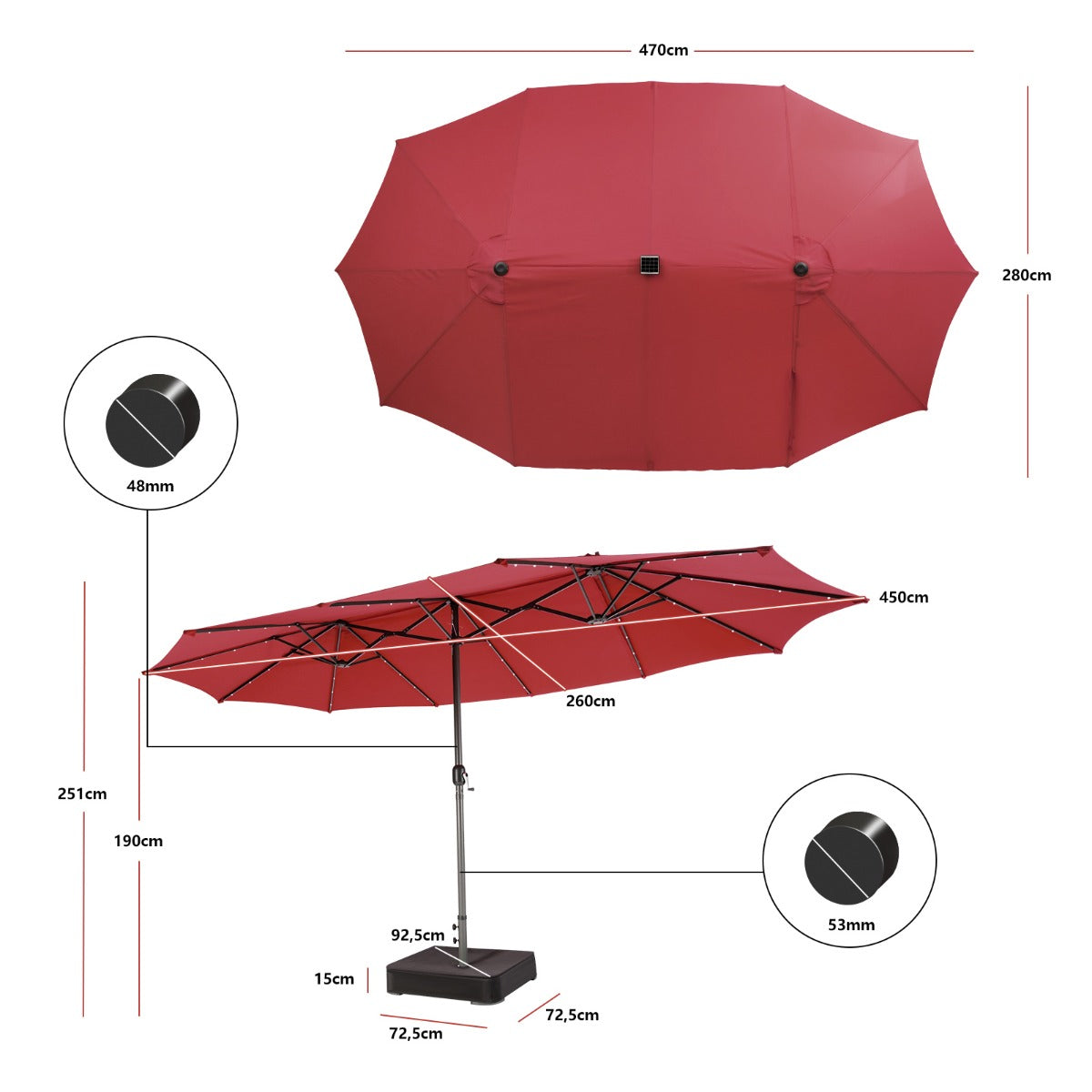 Costway 470 x 280 cm Dubbele Tuinparasol met 48 LED's op Zonne-Energie Extra Grote Parasol Dubbele Parasol met Zelfopladend Zonnepaneel Bordeaux