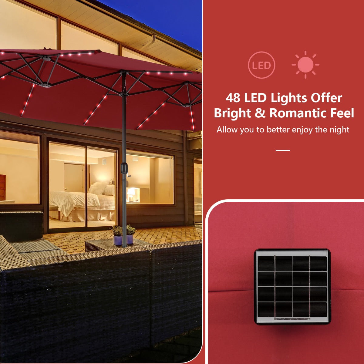 Costway 470 x 280 cm Dubbele Tuinparasol met 48 LED's op Zonne-Energie Extra Grote Parasol Dubbele Parasol met Zelfopladend Zonnepaneel Bordeaux