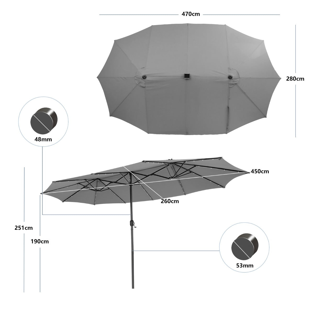Costway 470 x 280 cm Dubbele Tuinparasol met 48 LED's op Zonne-Energie Extra Grote Parasol Dubbele Parasol met Zelfopladend Zonnepaneel Grijs