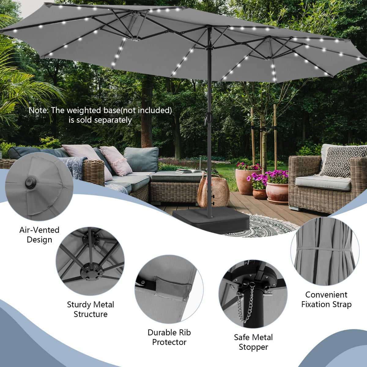 Costway 470 x 280 cm Dubbele Tuinparasol met 48 LED's op Zonne-Energie Extra Grote Parasol Dubbele Parasol met Zelfopladend Zonnepaneel Grijs