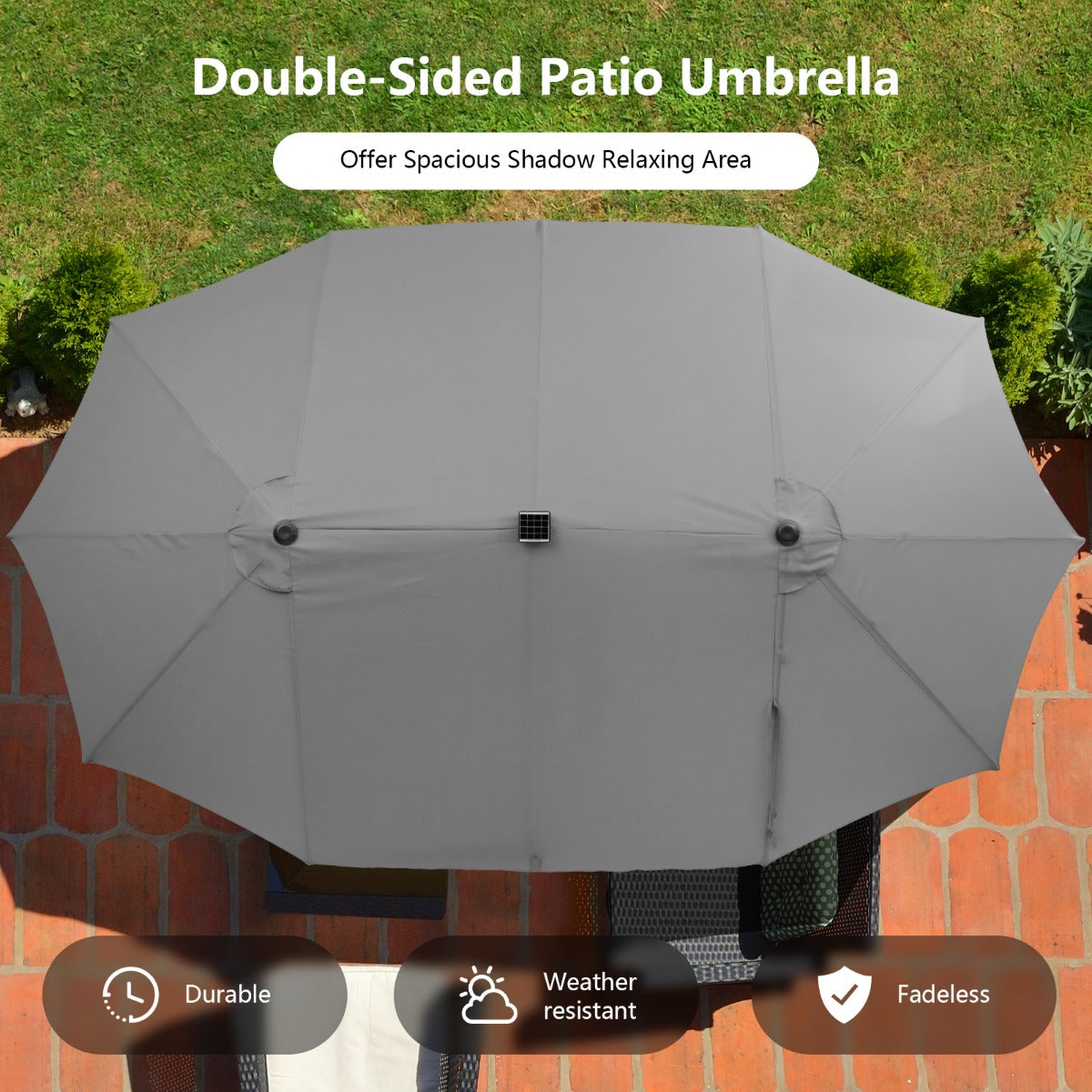 Costway 470 x 280 cm Dubbele Tuinparasol met 48 LED's op Zonne-Energie Extra Grote Parasol Dubbele Parasol met Zelfopladend Zonnepaneel Grijs