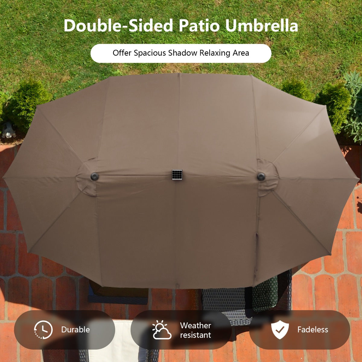 Costway 470 x 280 cm Dubbele Tuinparasol met 48 LED's op Zonne-Energie Extra Grote Parasol met Zelfopladend Zonnepaneel Koffie