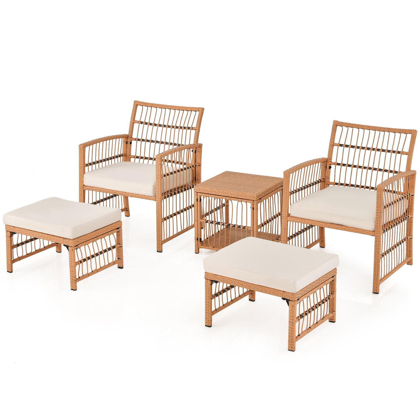 Costway 5-delig Rattan Tuinmeubel Set Balkonmeubels met 2 Fauteuils 2 Poefen & 2-laags Koffietafel