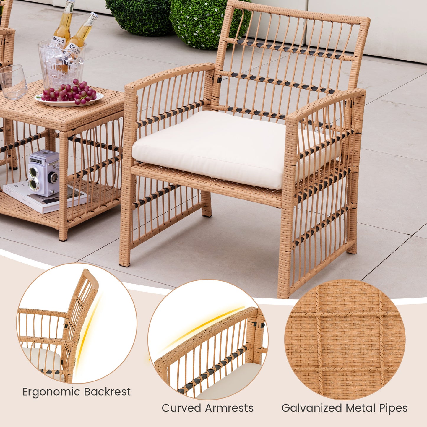 Costway 5-delig Rattan Tuinmeubel Set Balkonmeubels met 2 Fauteuils 2 Poefen & 2-laags Koffietafel