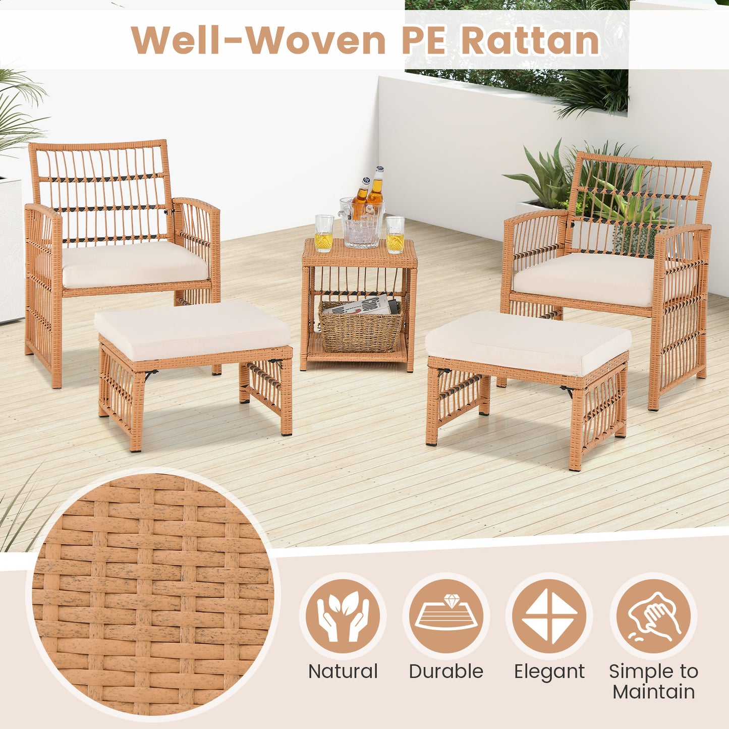 Costway 5-delig Rattan Tuinmeubel Set Balkonmeubels met 2 Fauteuils 2 Poefen & 2-laags Koffietafel