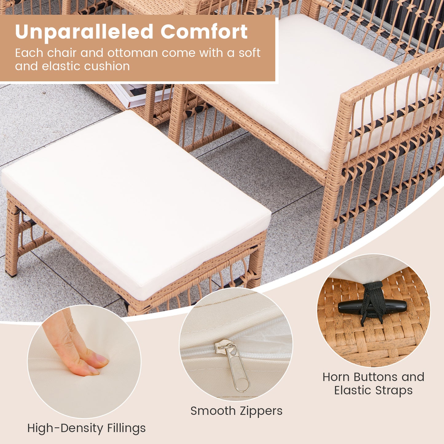 Costway 5-delig Rattan Tuinmeubel Set Balkonmeubels met 2 Fauteuils 2 Poefen & 2-laags Koffietafel