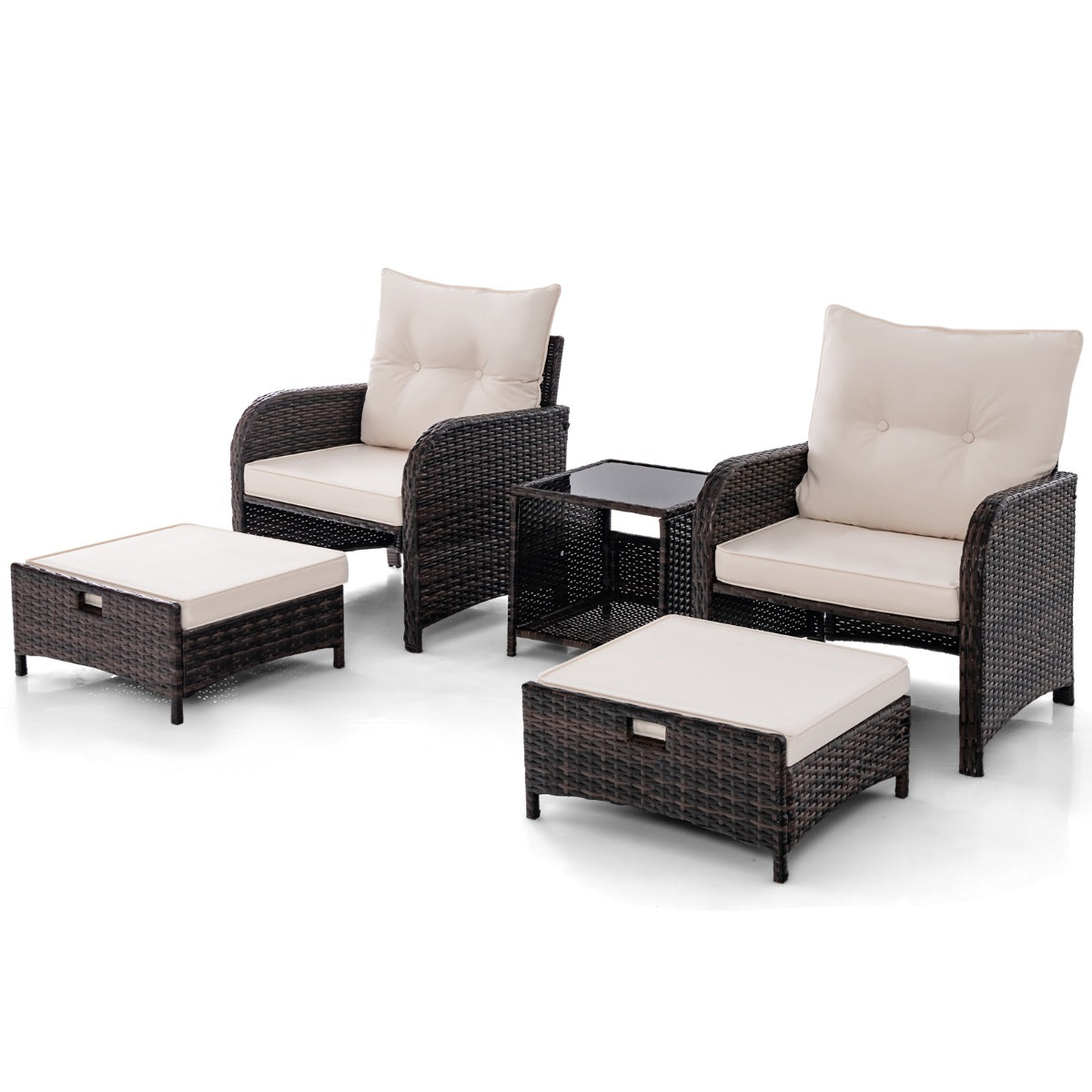 Costway 5-Delige Balkonmeubelset Tuinmeubelen van PE-Polyrotan Balkonset Incl. 2 Stoelen met Kussens Kruk en Tafel Terrasmeubels