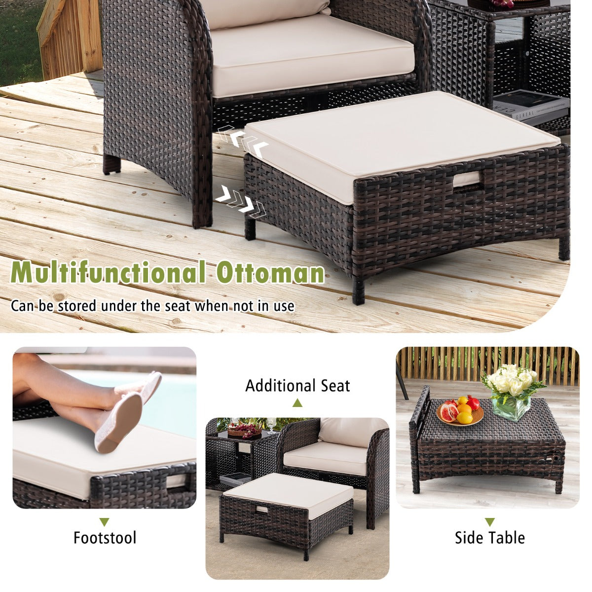 Costway 5-Delige Balkonmeubelset Tuinmeubelen van PE-Polyrotan Balkonset Incl. 2 Stoelen met Kussens Kruk en Tafel Terrasmeubels