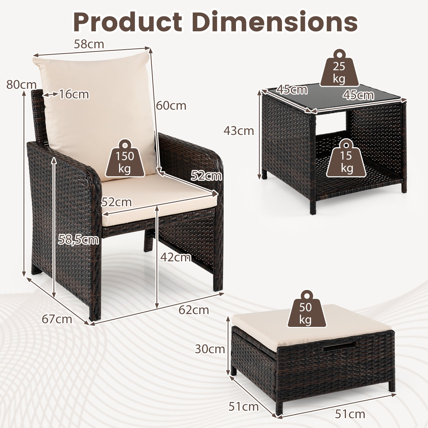 Costway 5-delige Tuinset van PE-rotan voor Buiten met 2 Stoelen en 2 Krukken Comfortabele Kussens 1 Tafel van Gehard Glas Beige