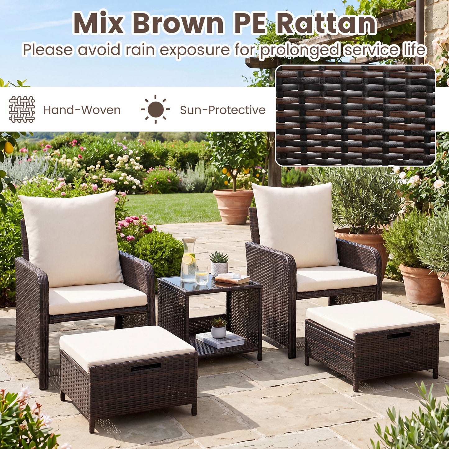 Costway 5-delige Tuinset van PE-rotan voor Buiten met 2 Stoelen en 2 Krukken Comfortabele Kussens 1 Tafel van Gehard Glas Beige