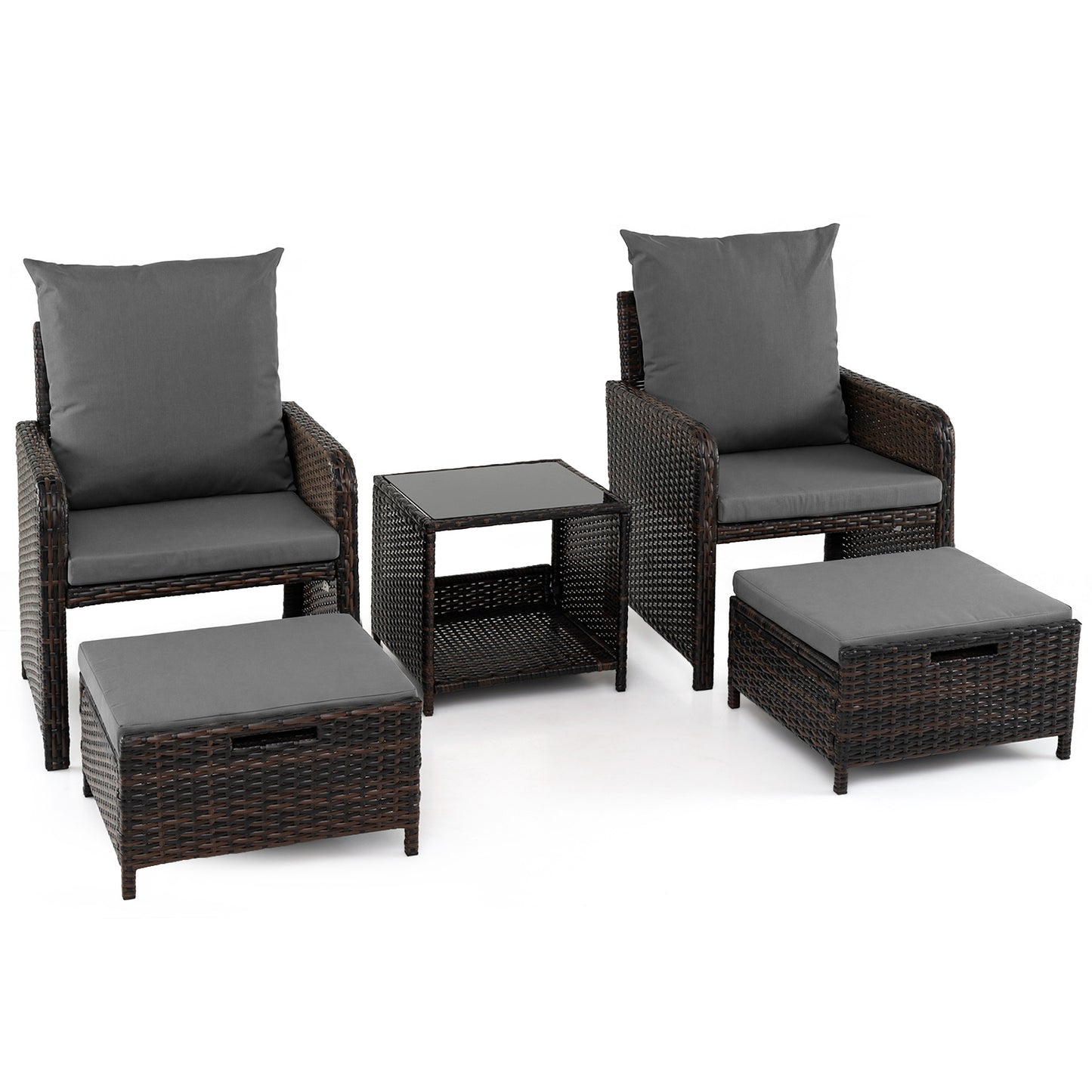 Costway 5-delige Tuinset van PE-rotan voor Buiten met 2 Stoelen en 2 Krukken Comfortabele Kussens 1 Tafel van Gehard Glas Grijs