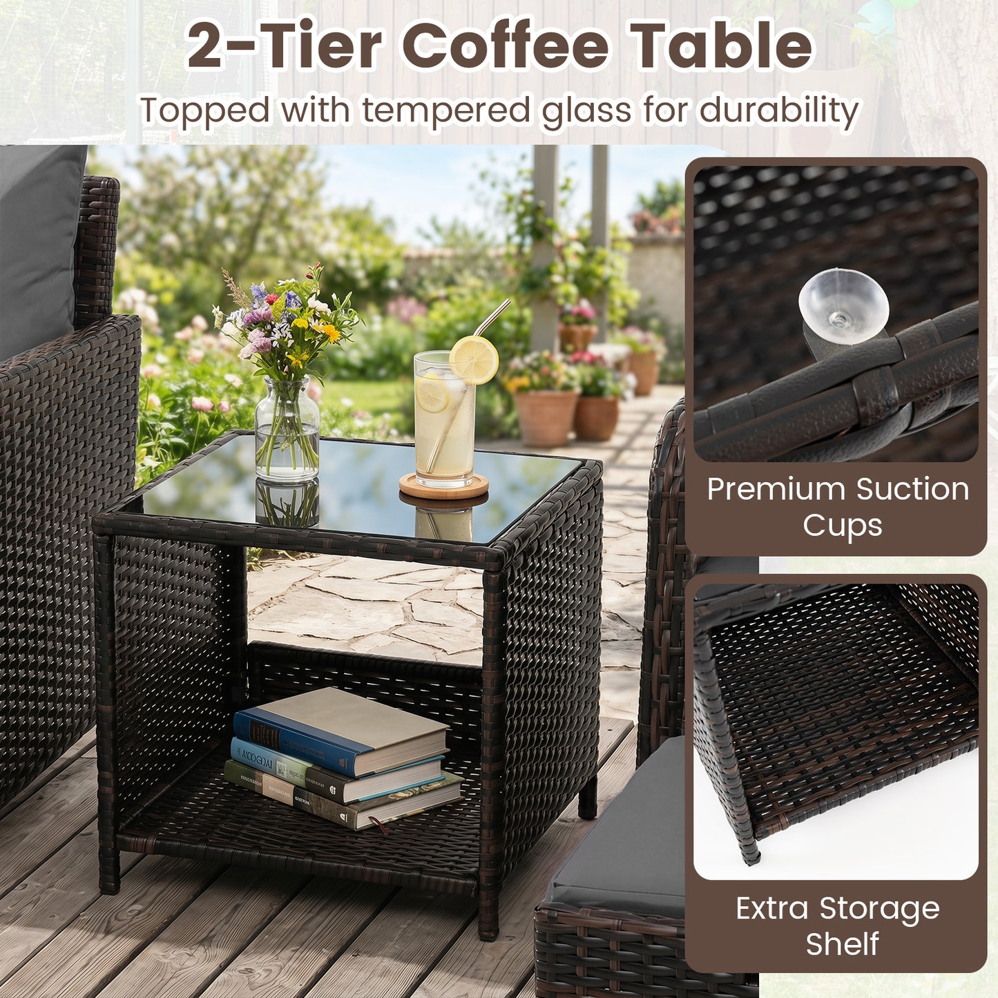Costway 5-delige Tuinset van PE-rotan voor Buiten met 2 Stoelen en 2 Krukken Comfortabele Kussens 1 Tafel van Gehard Glas Grijs