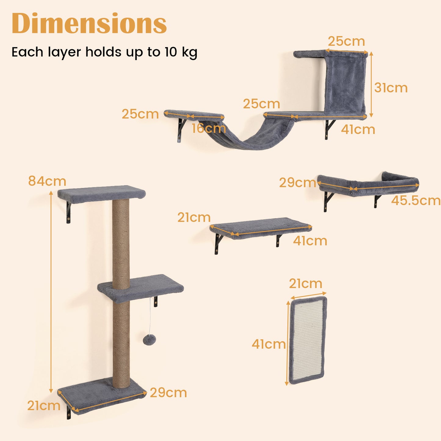 Costway 5 in 1 Klimwand Katten Wand Elementen Kattenmeubelen Kattenbrug Sisal Krabpalen Krabplank Kattentrap Kattenwand voor Huiskatten