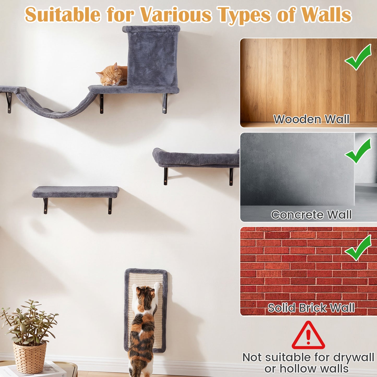 Costway 5 in 1 Klimwand Katten Wand Elementen Kattenmeubelen Kattenbrug Sisal Krabpalen Krabplank Kattentrap Kattenwand voor Huiskatten