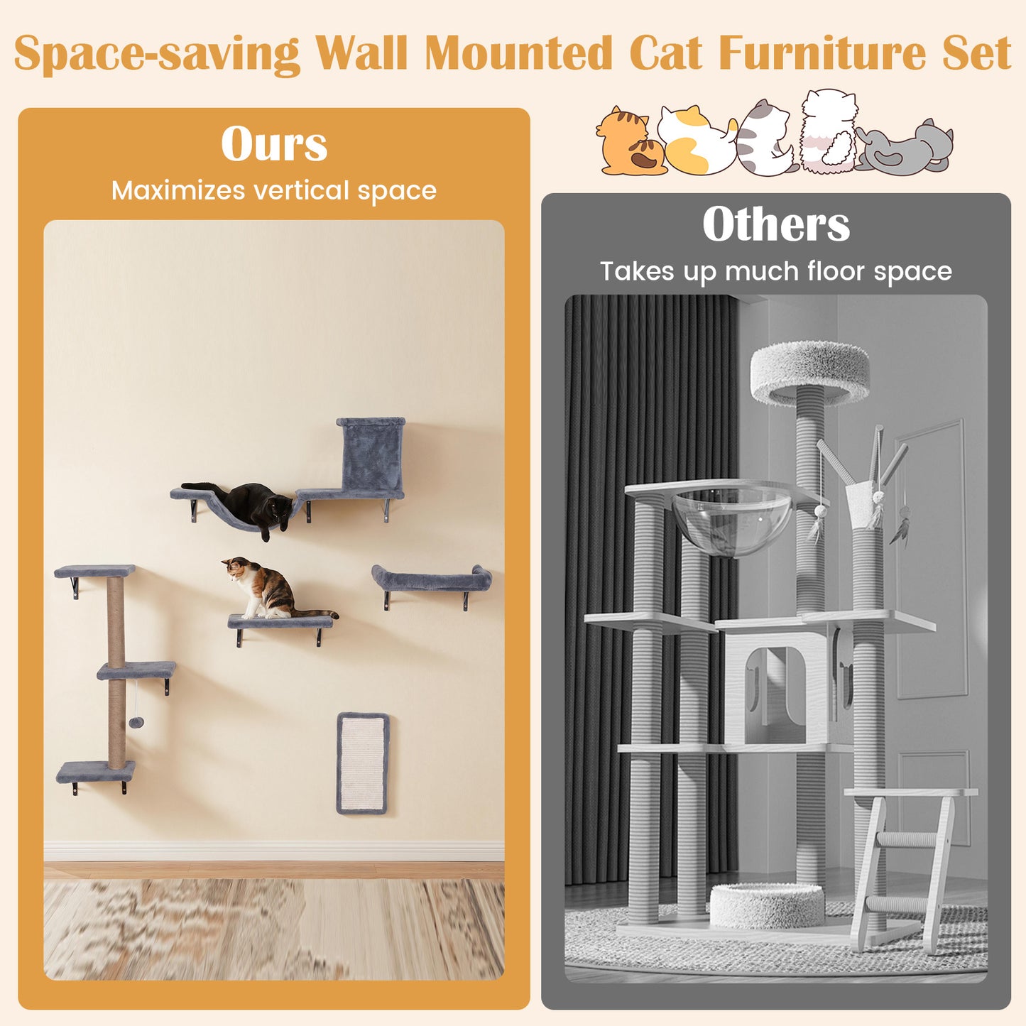 Costway 5 in 1 Klimwand Katten Wand Elementen Kattenmeubelen Kattenbrug Sisal Krabpalen Krabplank Kattentrap Kattenwand voor Huiskatten