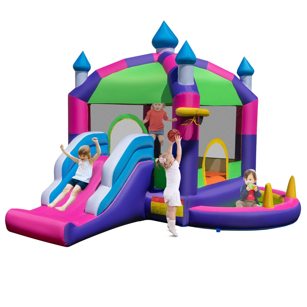 Costway 5-in-1 Springkasteel met Glijbaan Basketbalring Ringwerpspel Oceaanbalbad Binnen- en Buiten Springkussen 385 x 332,5 x 300 cm