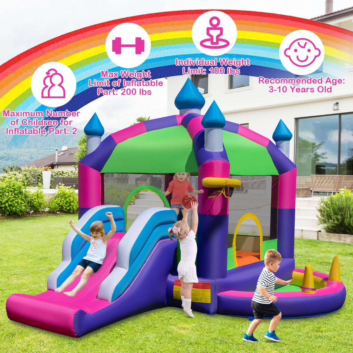 Costway 5-in-1 Springkasteel met Glijbaan Basketbalring Ringwerpspel Oceaanbalbad Binnen- en Buiten Springkussen 385 x 332,5 x 300 cm