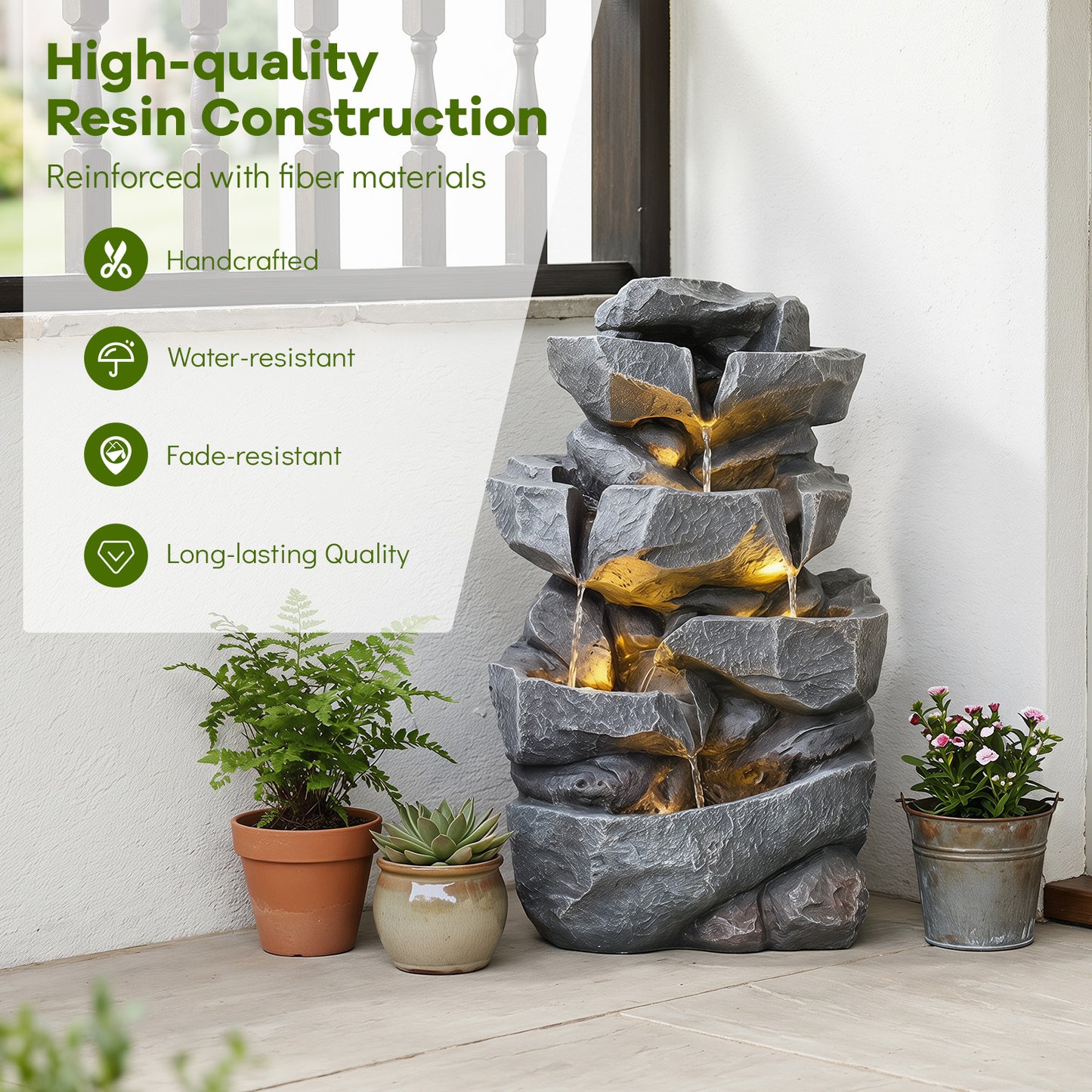 Costway 5-traps Binnenfontein met Verlichting Decoratieve Waterfontein van Kunsthars Zen-waterval met Watercirculatie