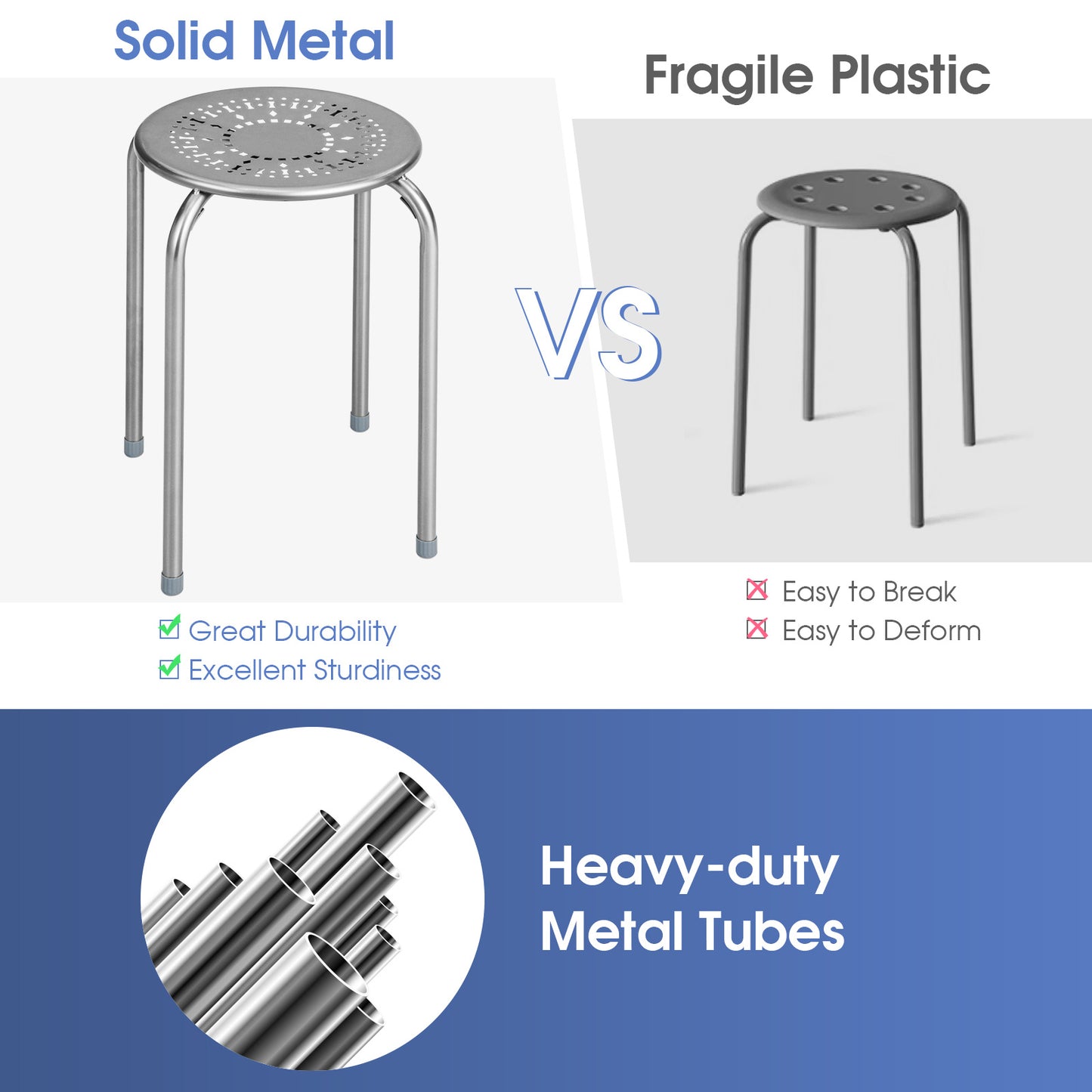 Costway 6-delige Set Stapelbare Metalen Krukken Ronde Eetkamerkruk met Robuust Metalen Frame & Ademende Zitting Grijs