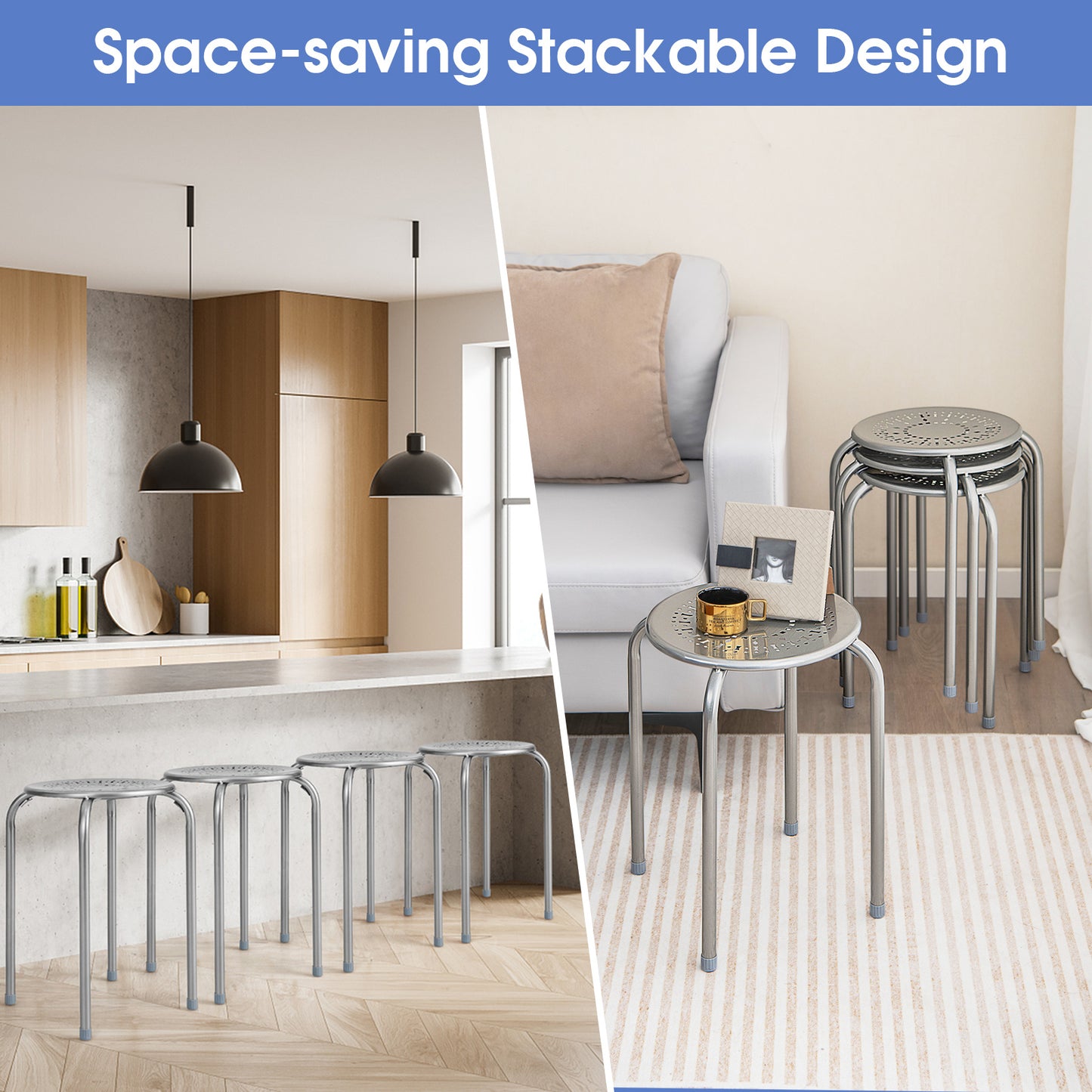 Costway 6-delige Set Stapelbare Metalen Krukken Ronde Eetkamerkruk met Robuust Metalen Frame & Ademende Zitting Grijs