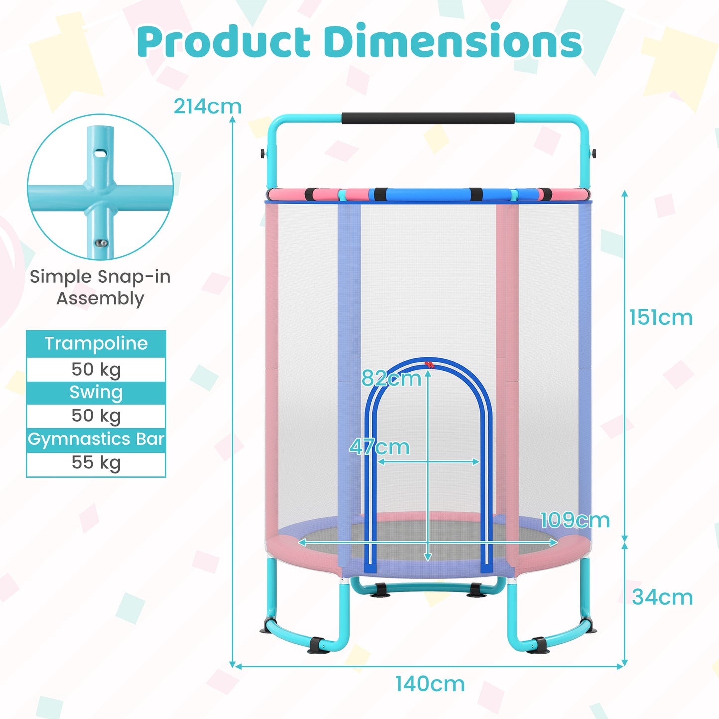 Costway 6-in-1 Kindertrampoline met Veiligheidsnet en Thermisch Verzinkt Metalen Frame 140 x 140 x 214 cm Blauw